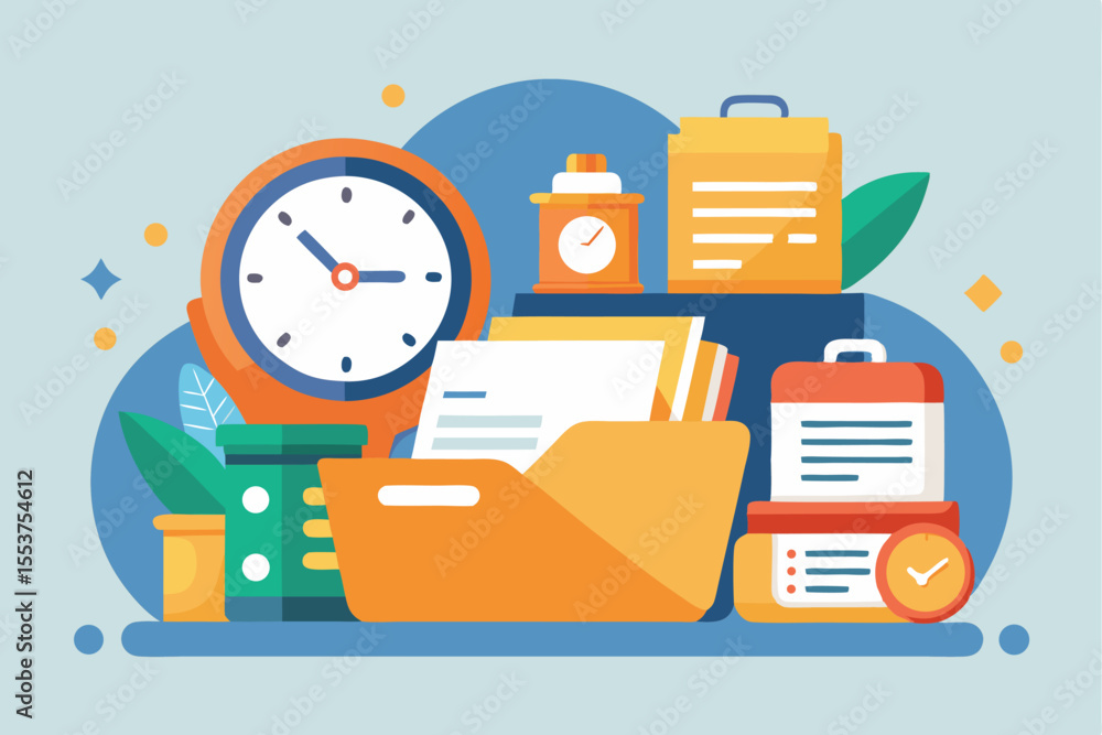 Poster organizing folders and time management with an open clock enhances productivity in a creative worksp