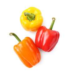 Ripe colorful bell peppers isolated on white, top view