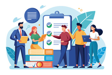 Professionals engage in collaborative discussions for contract approval while reviewing documents in an office setting