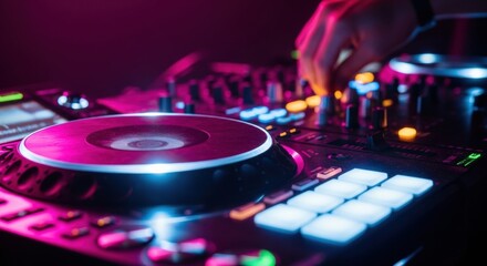 A DJ's hand is seen adjusting knobs on a professional audio mixer and controller during a live set at a nightclub, surrounded by vibrant pink and blue lights.