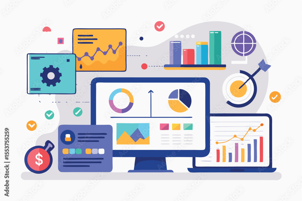 Poster flat illustrations of data charts, graphs, and dashboards showcasing analytics and statistics on com