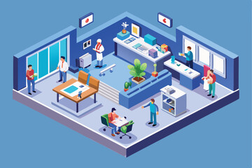 Obraz premium Medical clinic design featuring multiple activities, patient consultations, and healthcare professionals in a modern hospital setting