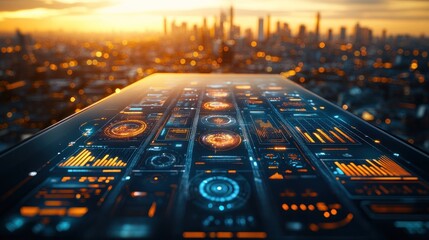 Futuristic interactive dashboard overlooking cityscape at sunrise