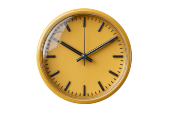 PNG Yellow wall clock with black minute and hour hands on white background