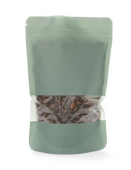 One zipper stand-up pouch with coffee beans isolated on white. Mockup for design
