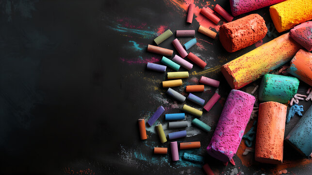 Bright, colorful chalk against a clean black chalkboard is the perfect image for any educational or creative project. It instantly grabs attention and evokes a sense of nostalgia for school days. The 
