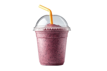 PNG Blueberry smoothie in clear cup with yellow straw on black background