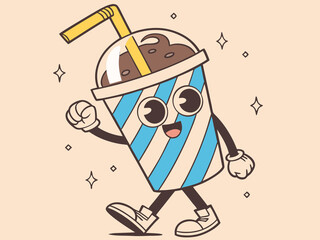 Playful Coffee Drink Mascot with Yellow Straw and Striped Cup on Peach Background