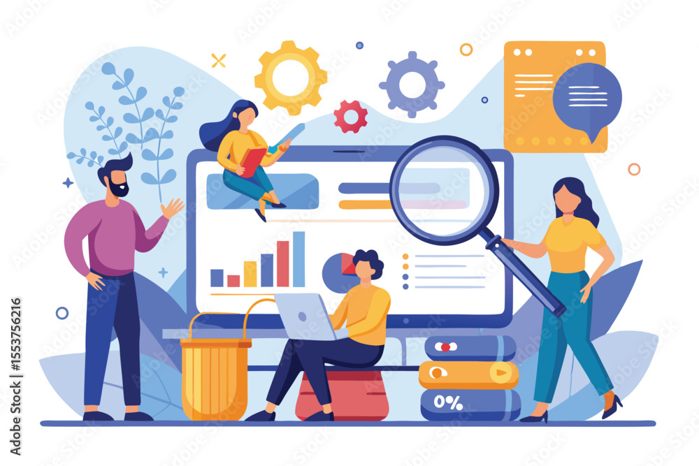 Poster marketing team collaborates on business strategy and digital analytics while utilizing innovative to