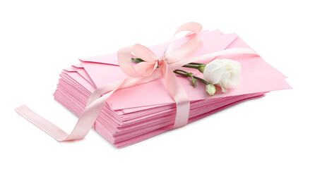 Stack of love letters and flower isolated on white