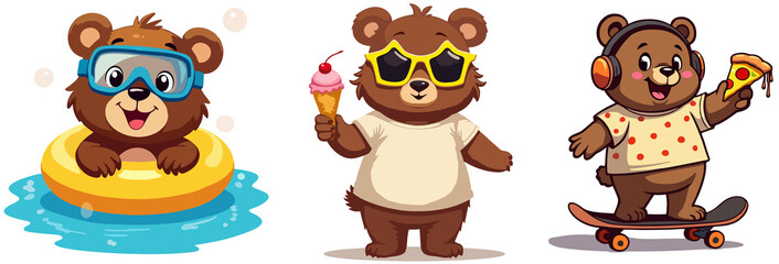 Fototapeta premium Set of teddy bear with ice cream, pizza, skateboard, diving mask, inflatable ring on white background. Fashion design for children t-shirt. Cartoon print for fabric, clothing for boy and girl.