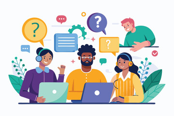 Customer support team engaged in a collaborative discussion regarding client inquiries and solutions in a vibrant office setting