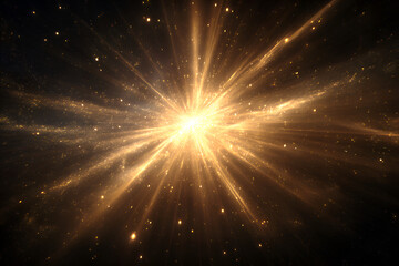 Golden light beams exploding in dark outer space background