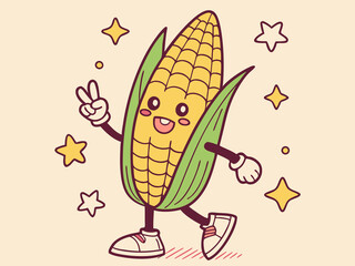 Corn Mascot in White Sneakers Smiling Cheerfully on Peach Background with Stars