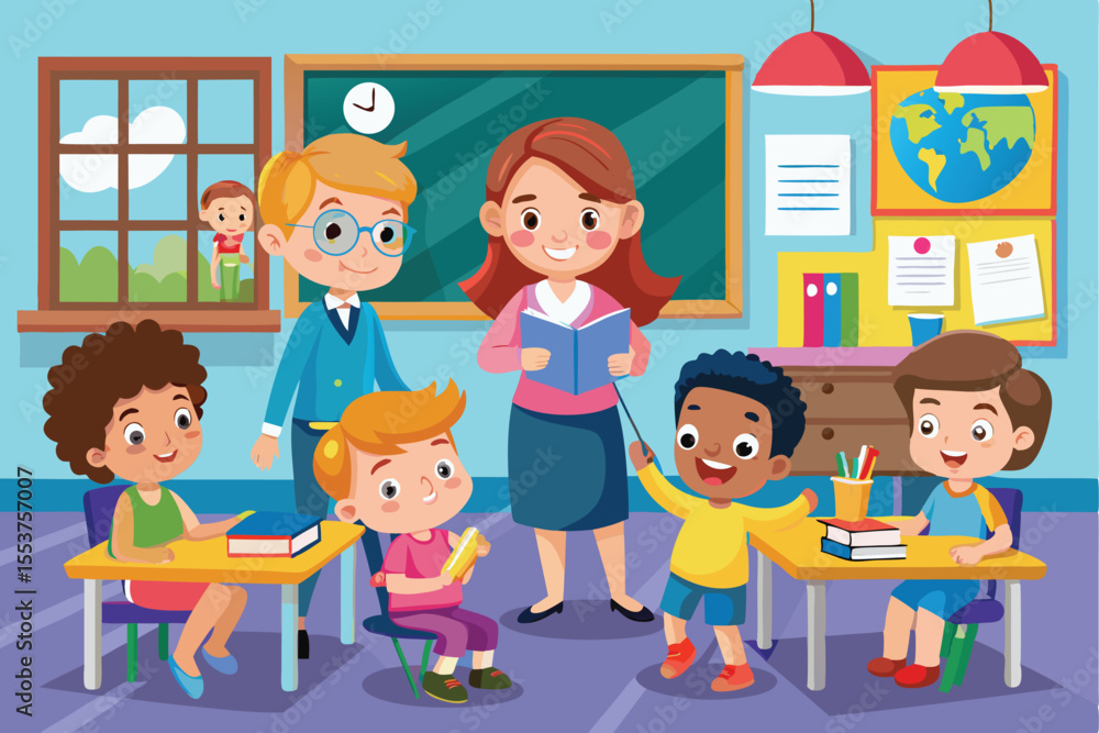 Poster joyful classroom environment with a smiling teacher and engaged students during an interactive readi