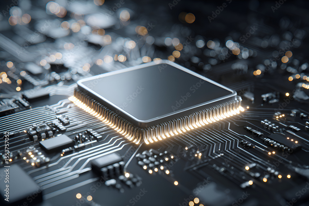 Poster cpu processing data on motherboard, futuristic technology