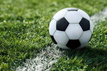 Fototapeta premium Soccer ball resting on lush green field by white line