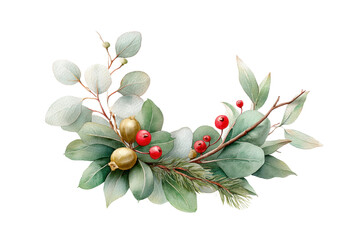 PNG Festive greenery arrangement with red berries and gold accents