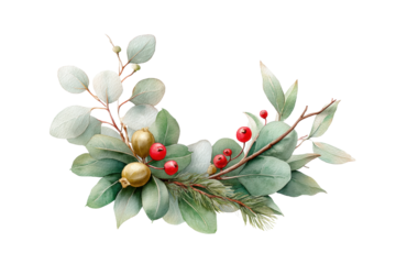 PNG Festive greenery arrangement with red berries and gold accents