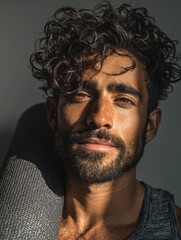 Fototapeta premium Young Middle Eastern man with a trimmed beard and curly hair, holding a yoga mat against his shoulder.