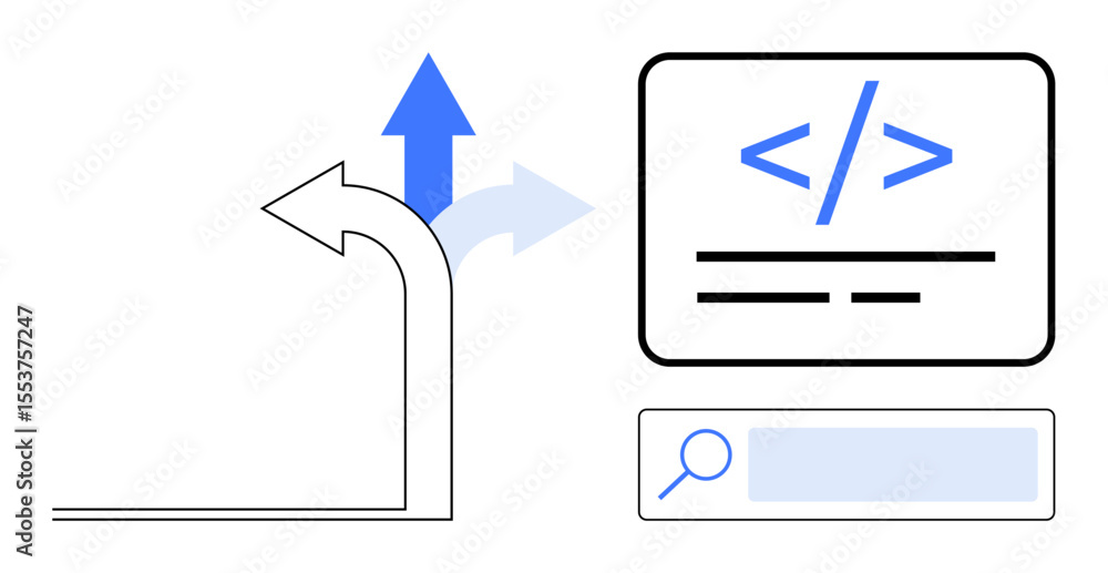 Poster curved arrow showing navigation with upward direction, code snippet, and search bar illustrating ide