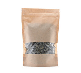 Zipper stand-up pouch with coffee beans isolated on white. Mockup for design