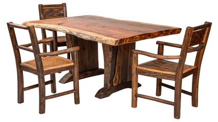 Rustic liveedge wooden dining table with four matching chairs isolated on transparent background