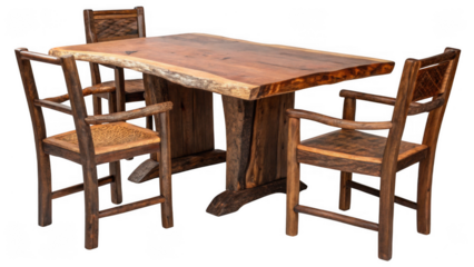 Rustic liveedge wooden dining table with four matching chairs isolated on transparent background