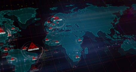 Cyber attack alert and security warning symbols over world map. Seamless looped technology concept. - Powered by Adobe