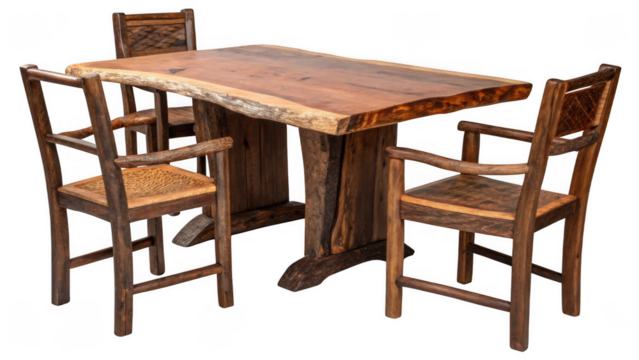 Rustic liveedge wooden dining table with four matching chairs isolated on transparent background