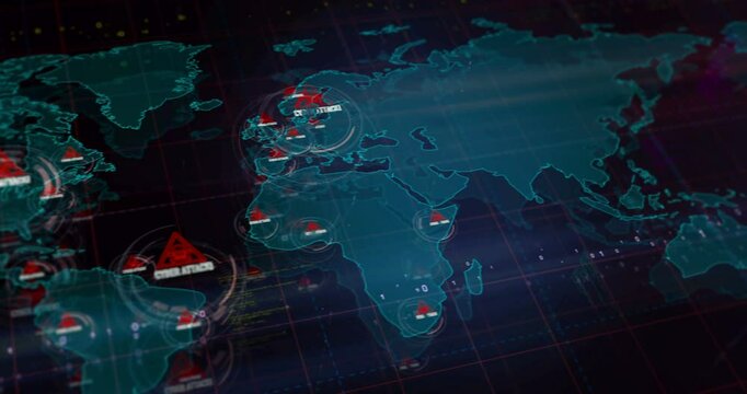 Cyber attack alert and security warning symbols over world map. Seamless looped technology concept.