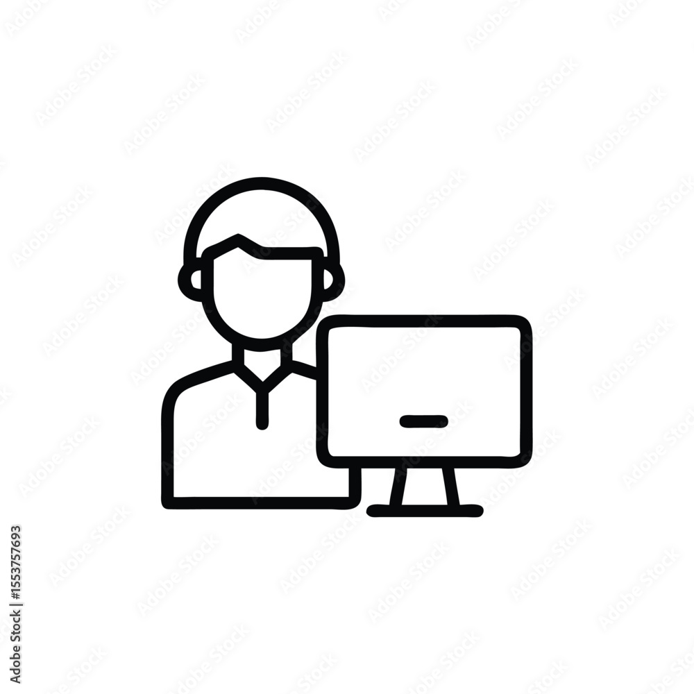 Poster line art person with computer monitor icon representing a professional at work screen