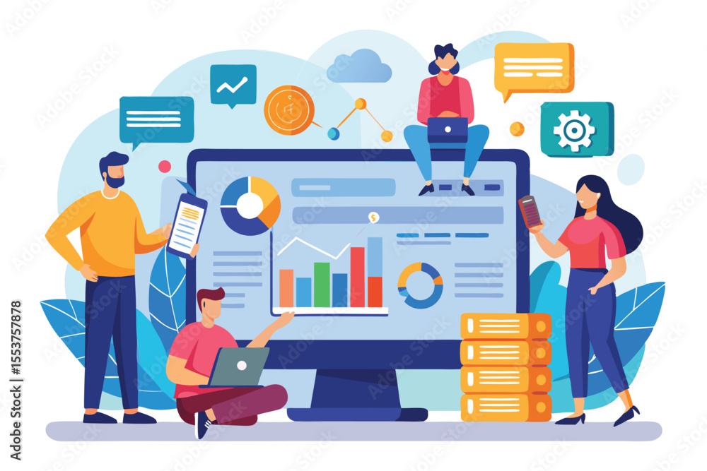 Poster business team analyzing web financial reports in a modern office environment with digital tools for 