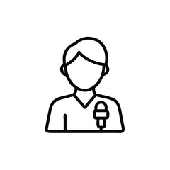 Line art of a person holding a microphone on a background human figure