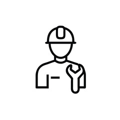 Line art of a professional worker with a wrench wearing a hard hat on background
