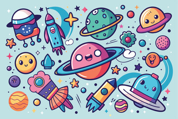 Colorful cosmic doodle featuring cute spaceships and planets in a vibrant outer space environment