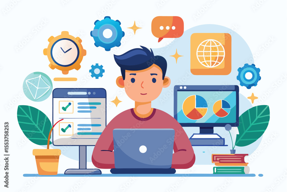 Poster cartoon vector illustration of a software developer working on a laptop in a creative workspace surr
