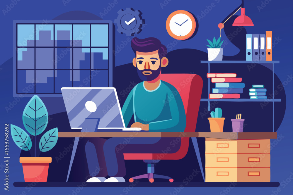 Poster engineer it specialist programming at home in a modern workspace with a cozy atmosphere during eveni