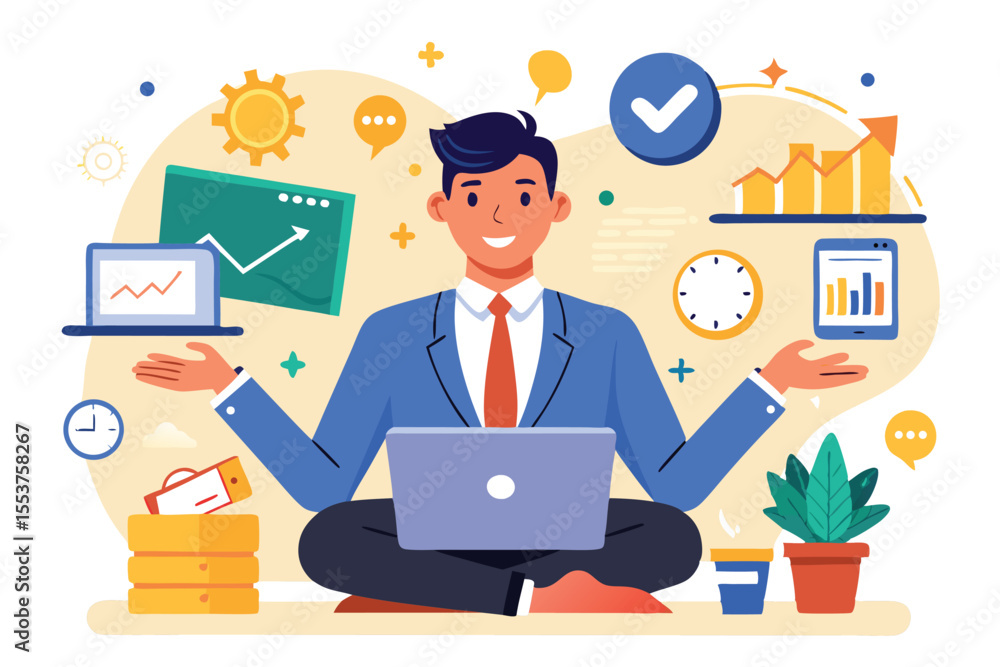 Aufkleber happy businessman showcasing multitasking skills while sitting cross-legged in a vibrant workspace s