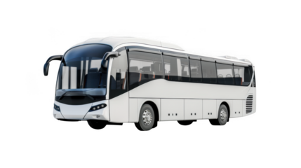 A sleek white tour bus is shown in a threequarter view isolated on transparent background