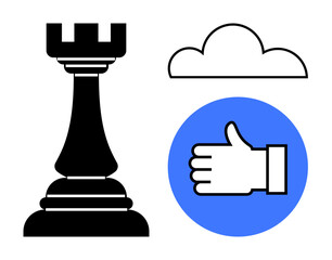 Black chess rook, cloud, and thumbs-up in blue circle symbolize strategy, cloud computing, and positive feedback. Ideal for strategy, decision-making, approval systems, technology business gaming