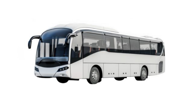 A sleek white tour bus is shown in a threequarter view isolated on transparent background