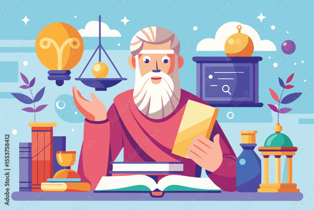 Poster exploring the socratic method through a cartoon depiction of a wise philosopher surrounded by symbol