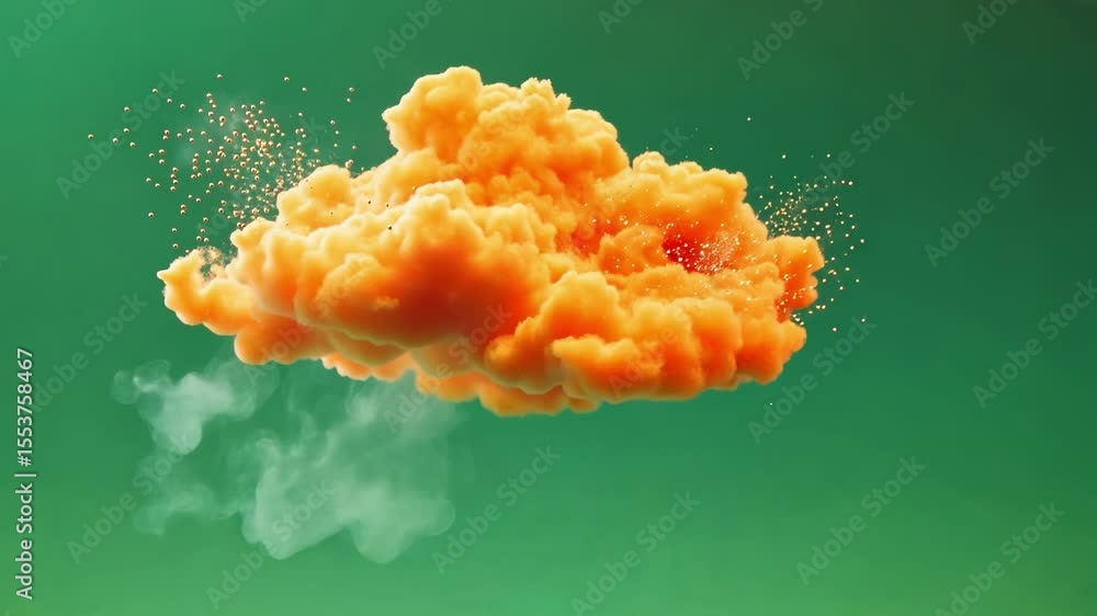 Poster vibrant orange cloud gradually transforming and dissolving, breaking into dynamic particles against 