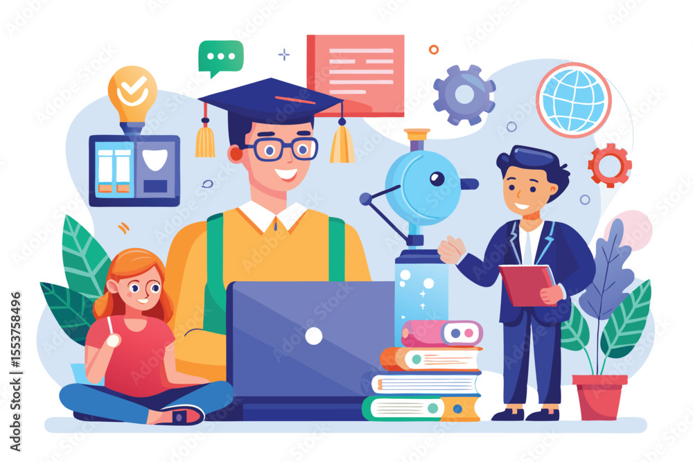 Poster educational setting featuring a student and teacher engaged in interactive learning with various tea