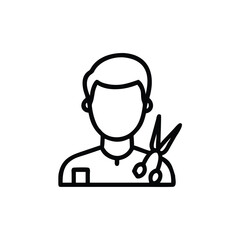 Line art barber figure holding scissors on a background with a square detail haircut
