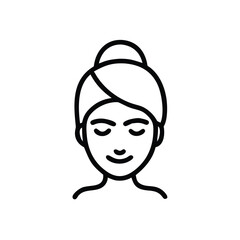 And line drawing of a face with closed eyes and a towel on the head, spa concept