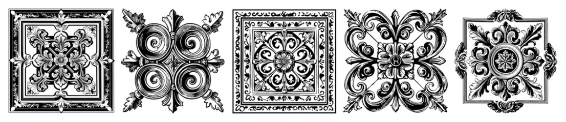 PNG Intricate vintage ornamental tile designs, element set on transparent background