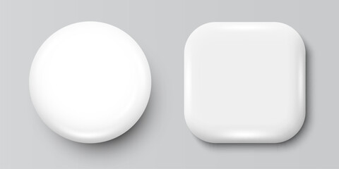 3d Realistic Round and Square White Plastic, Blank Empty Glossy Button Badge Set Isolated. Front View. Top View. Template for Branding, Mock-up.