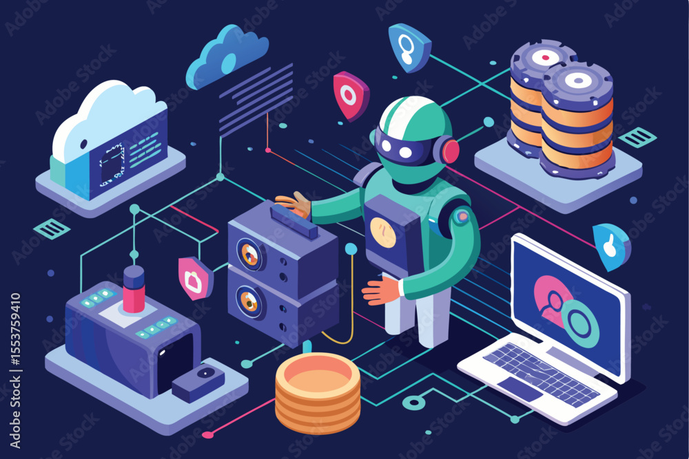 Poster artificial intelligence character utilizes advanced tools to manage data storage and processing in a